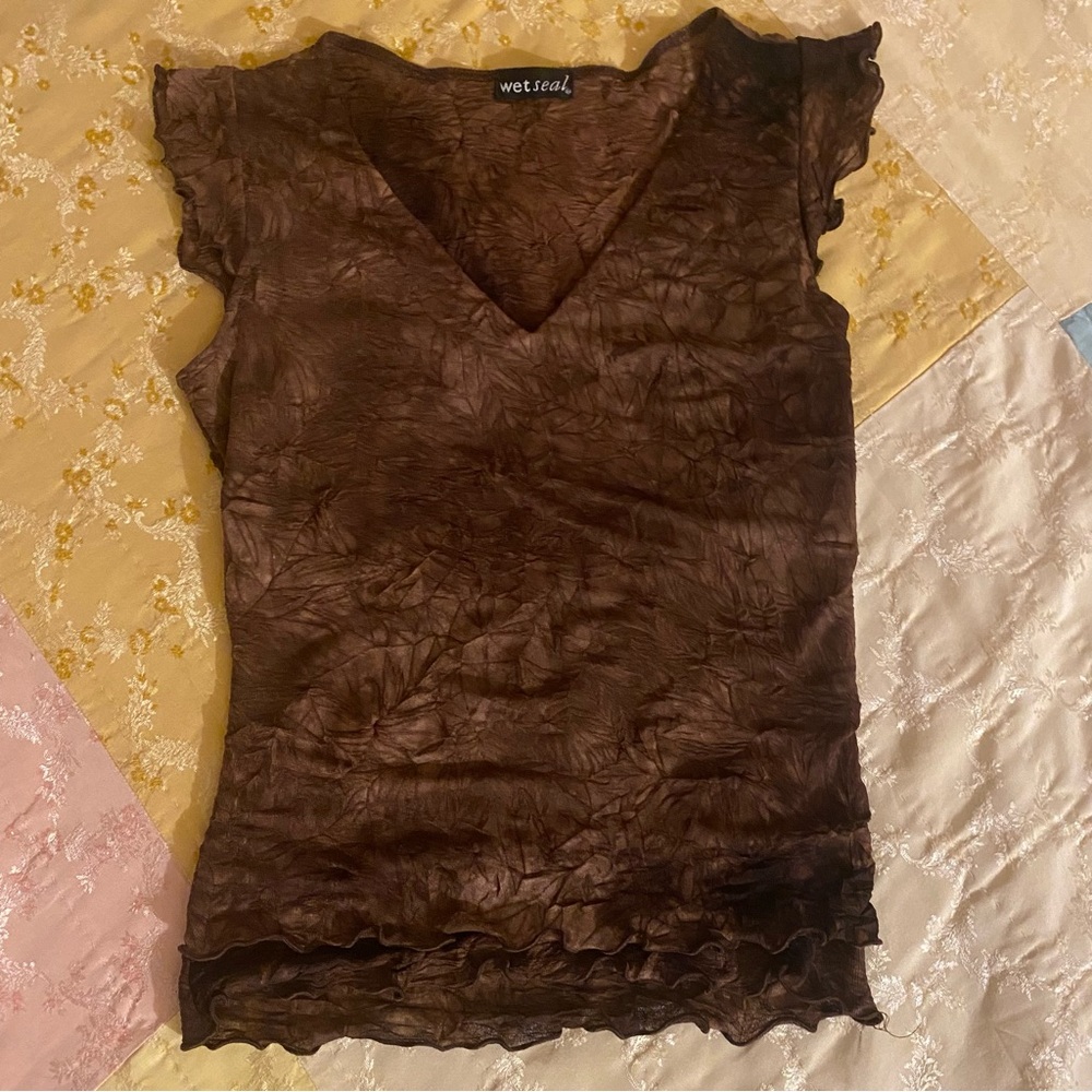 Wet Seal S Brown Tan Ruffled Fitted Blouse